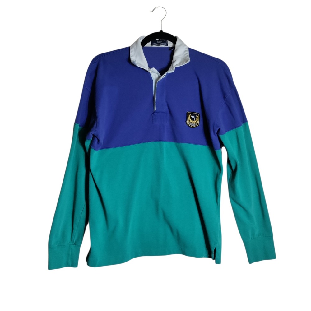 Steeplechase Mens Rugby Shirt Large Purple Teal Colorblock Long Sleeve Vintage